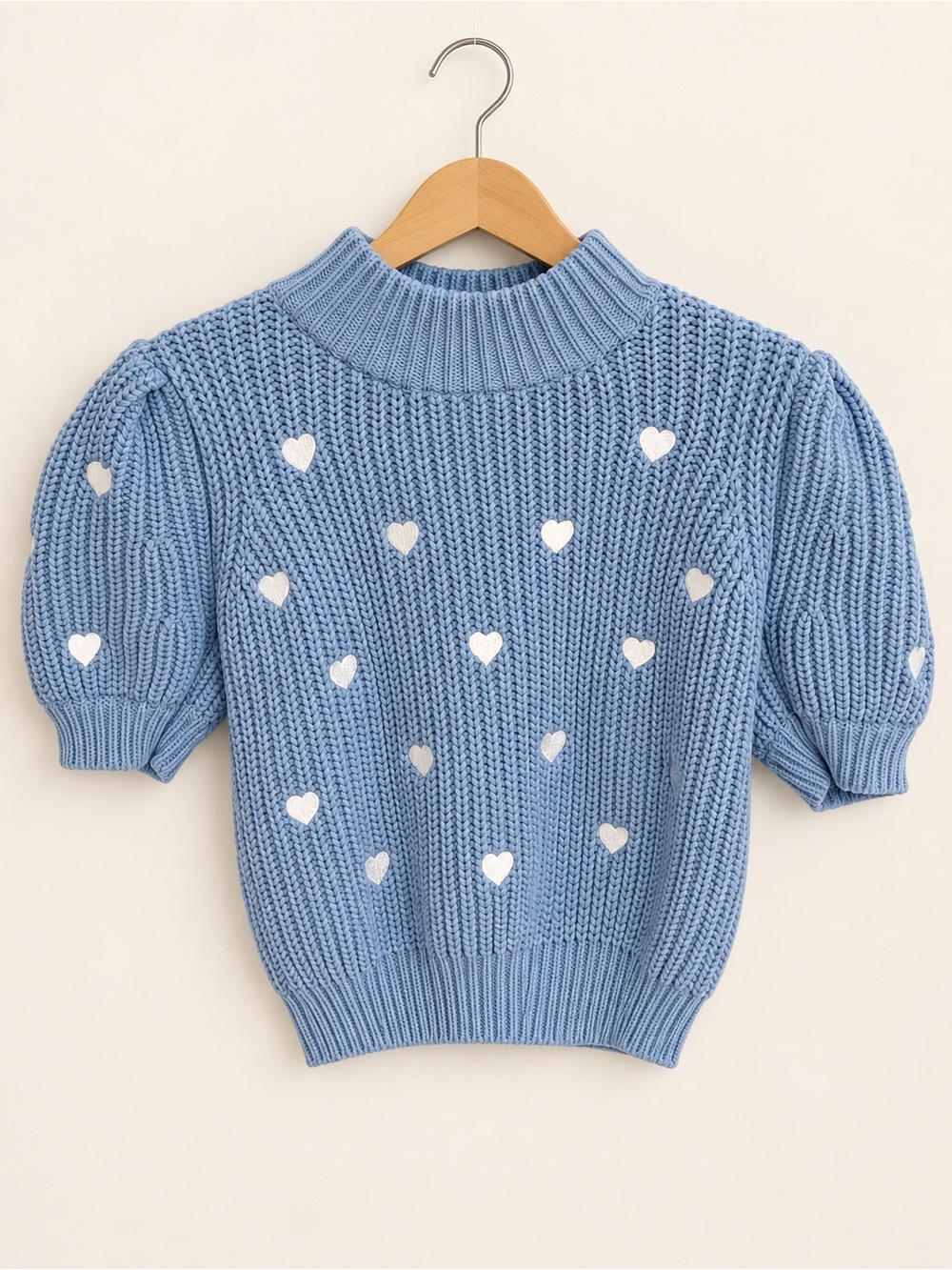 Blue Heart-Embroidered Puff Sleeve Sweater